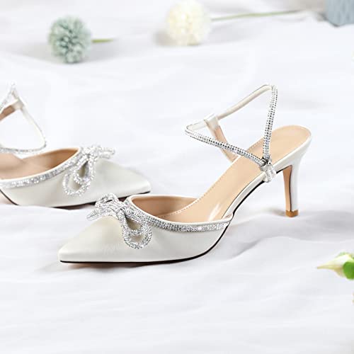 Susanny Women's Closed Toe Rhinstone Wedding Low Heel Slingback Clear Kitten Heels,Adjustable Strap Pointed Toe Bow Pumps High Heeled Prom Dress Shoes