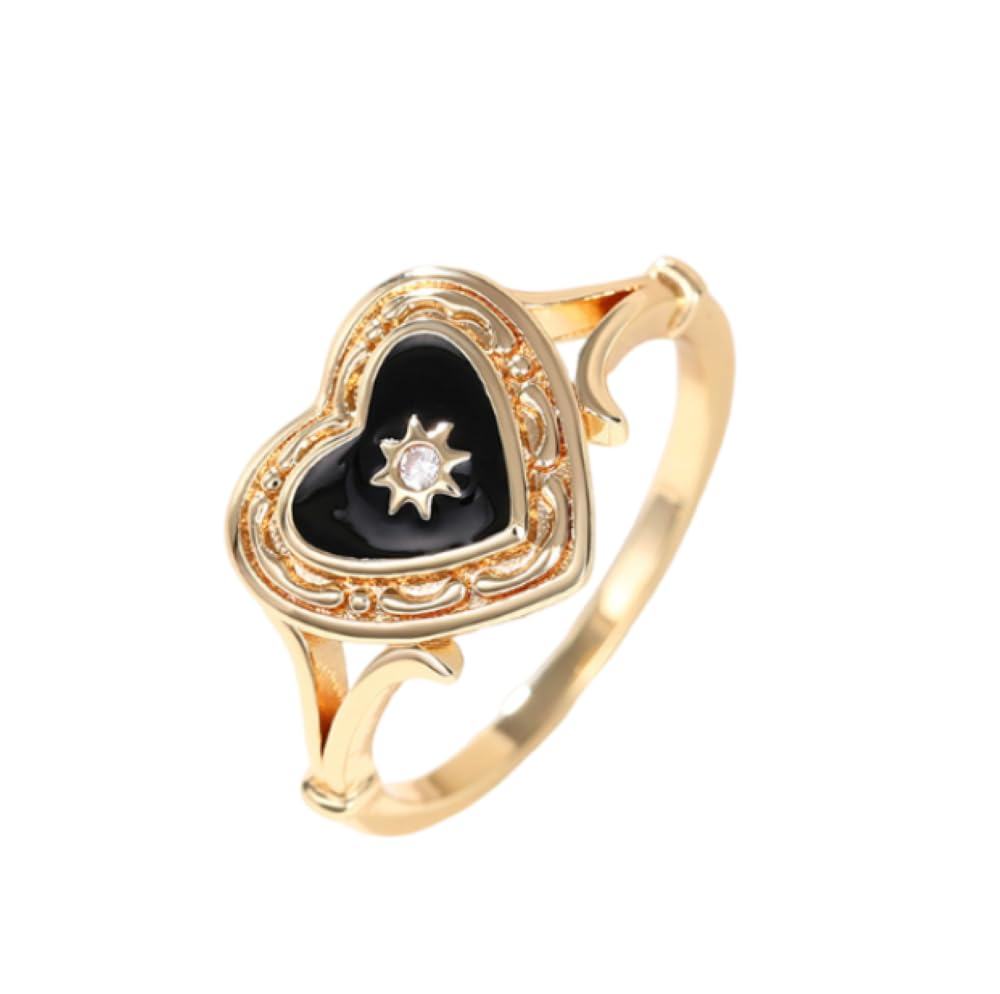 Gold Plated Obsidian Black Agate Dropped Gum Heart Luxury Ring Dark Gothic Black Enamel Heart Ring Dropped