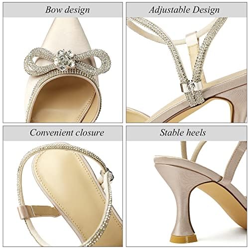 Susanny Women's Closed Toe Rhinstone Wedding Low Heel Slingback Clear Kitten Heels,Adjustable Strap Pointed Toe Bow Pumps High Heeled Prom Dress Shoes