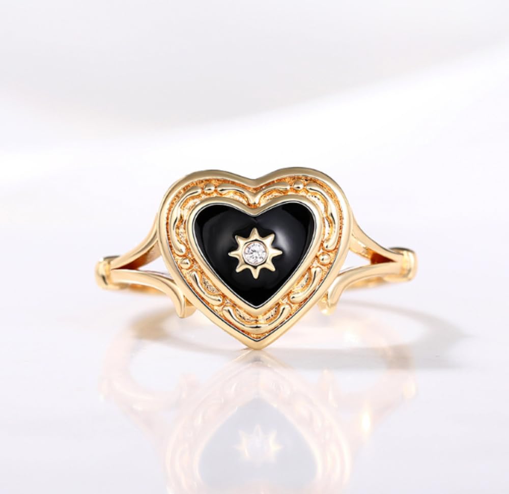 Gold Plated Obsidian Black Agate Dropped Gum Heart Luxury Ring Dark Gothic Black Enamel Heart Ring Dropped