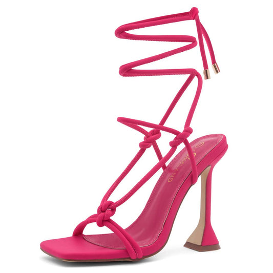 Women's Lace Up Heels Dressy Strappy Heels Square Open Toe Tie Up Stiletto High Heeled Sandals