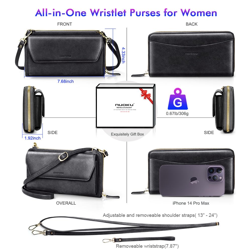 Womens RFID Wallet Purse Wristlet Crossbody Clutch with Zip Around 2 Strap