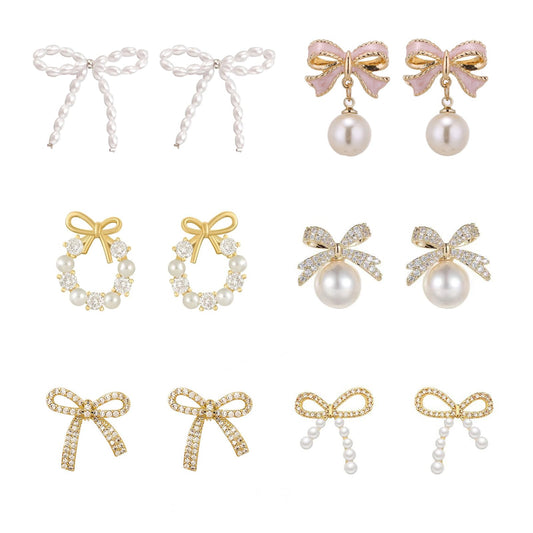 Women Bow Earrings Set Golden Silver Ribbon Stud Earrings