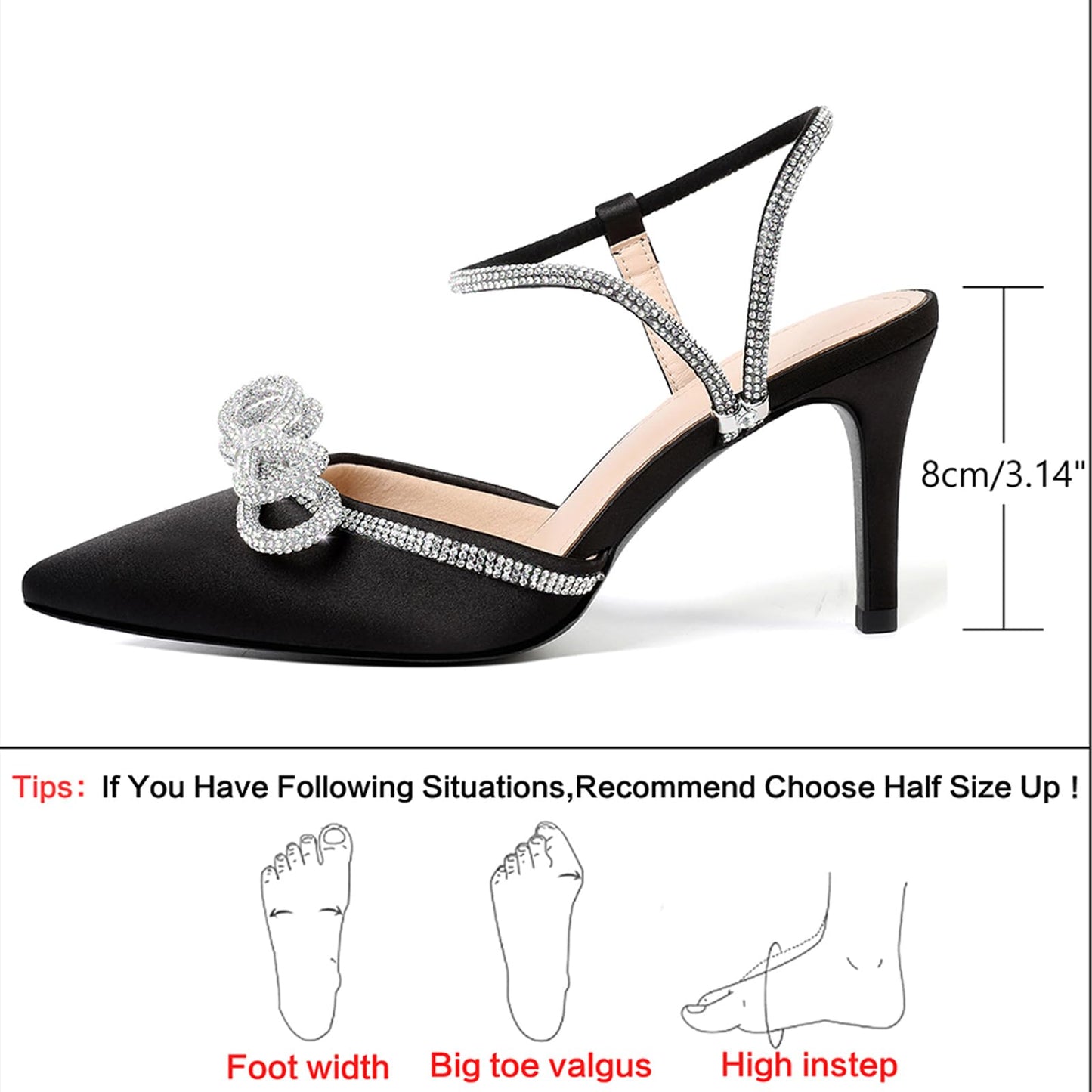 Susanny Women's Closed Toe Rhinstone Wedding Low Heel Slingback Clear Kitten Heels,Adjustable Strap Pointed Toe Bow Pumps High Heeled Prom Dress Shoes