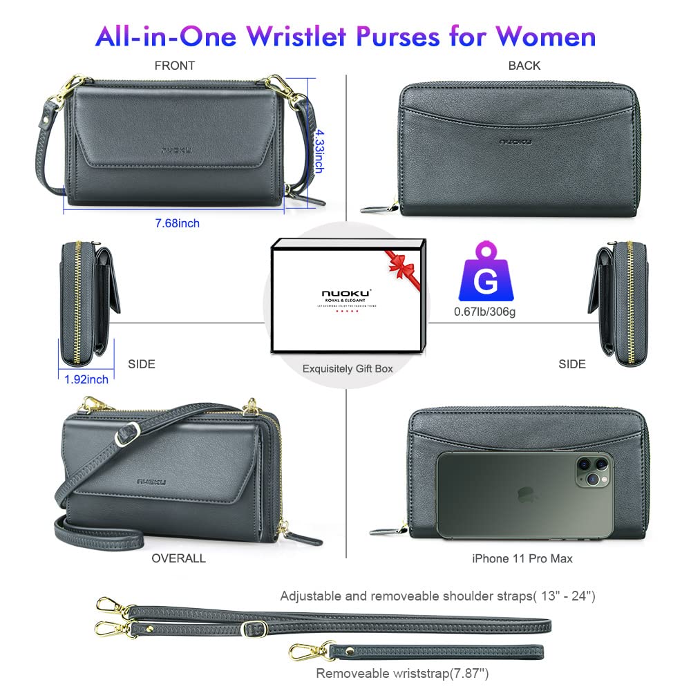 Womens RFID Wallet Purse Wristlet Crossbody Clutch with Zip Around 2 Strap