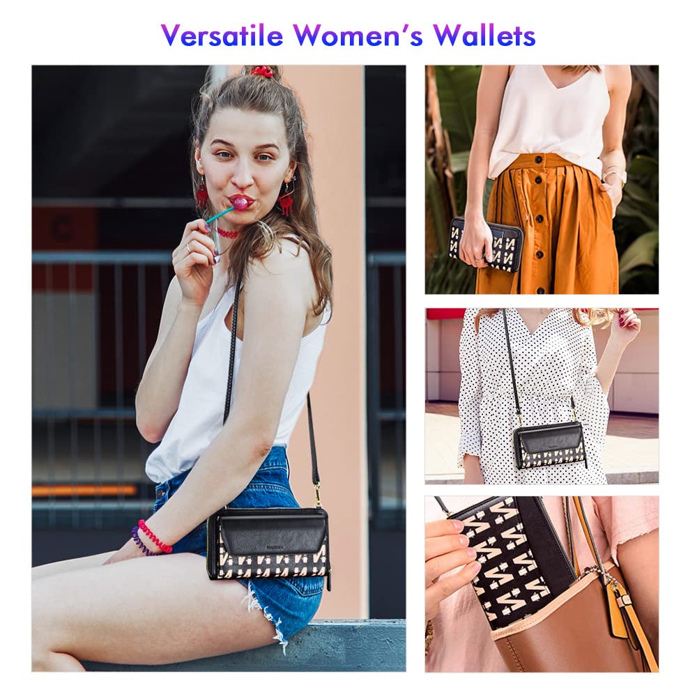 Womens RFID Wallet Purse Wristlet Crossbody Clutch with Zip Around 2 Strap