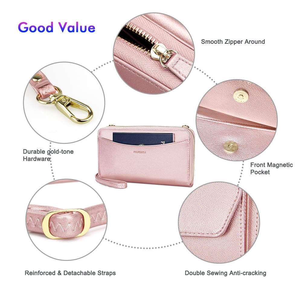 Womens RFID Wallet Purse Wristlet Crossbody Clutch with Zip Around 2 Strap