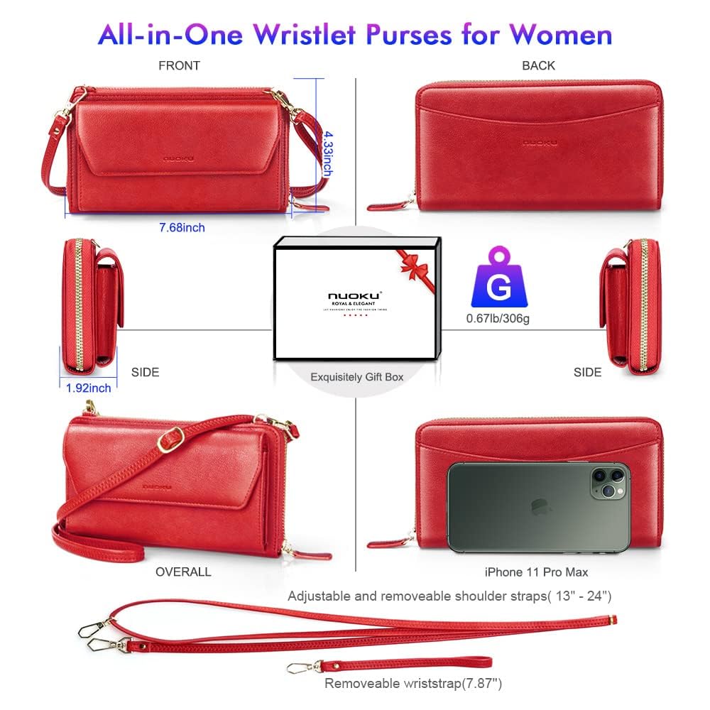 Womens RFID Wallet Purse Wristlet Crossbody Clutch with Zip Around 2 Strap