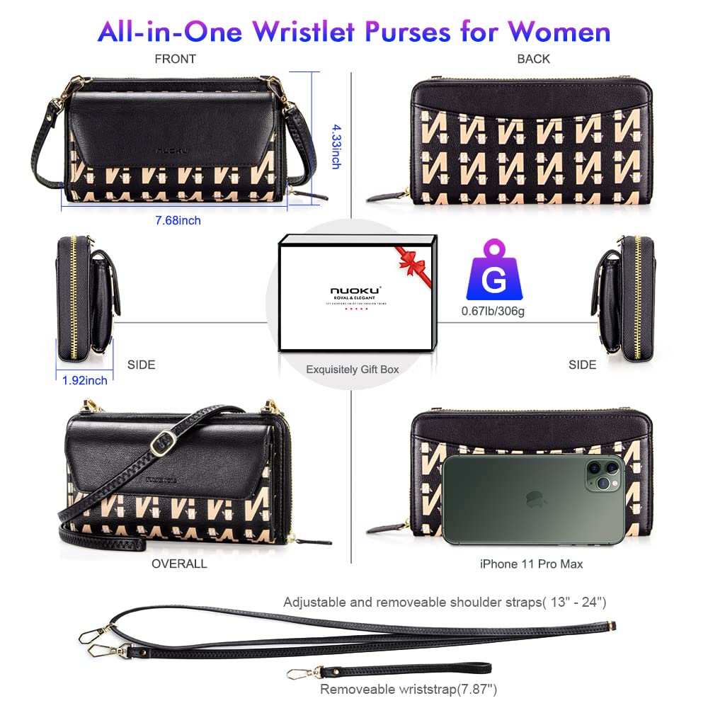 Womens RFID Wallet Purse Wristlet Crossbody Clutch with Zip Around 2 Strap