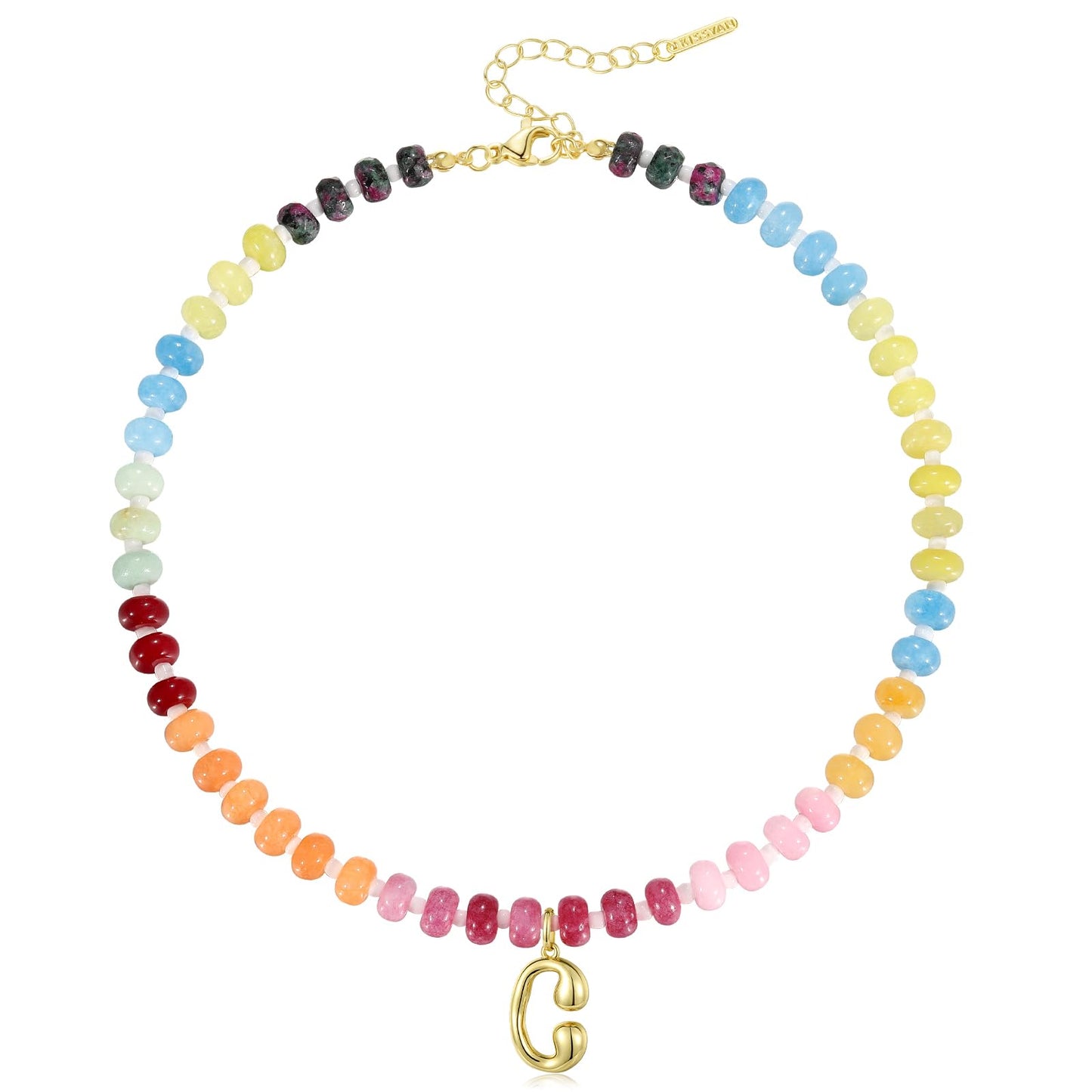 Initial Necklaces for Women, Colorful Beaded Gemstone Choker 14K Gold Bubble Letter Pendant Necklace Natural Stone Summer Beach Handmade Jewelry