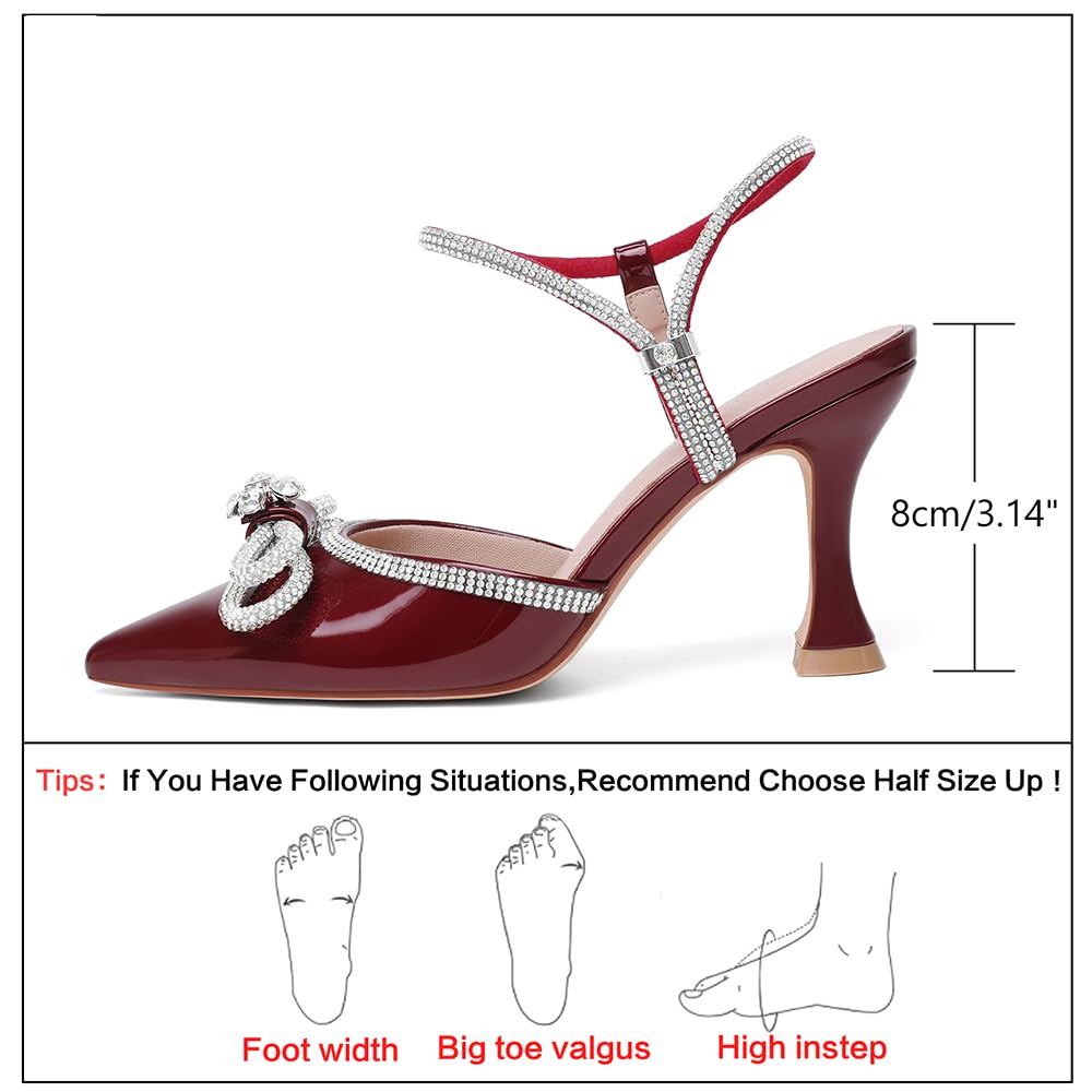 Susanny Women's Closed Toe Rhinstone Wedding Low Heel Slingback Clear Kitten Heels,Adjustable Strap Pointed Toe Bow Pumps High Heeled Prom Dress Shoes