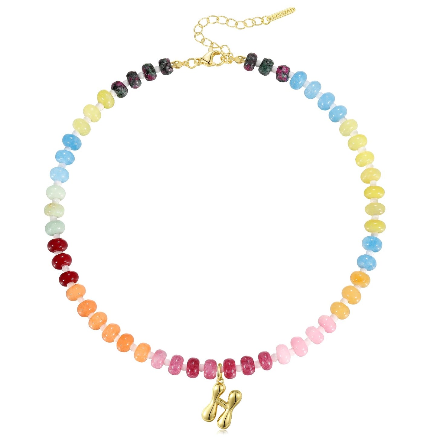 Initial Necklaces for Women, Colorful Beaded Gemstone Choker 14K Gold Bubble Letter Pendant Necklace Natural Stone Summer Beach Handmade Jewelry