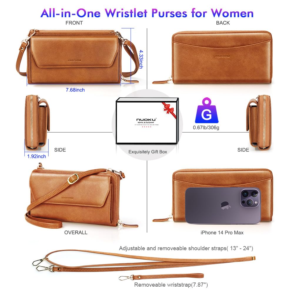 Womens RFID Wallet Purse Wristlet Crossbody Clutch with Zip Around 2 Strap