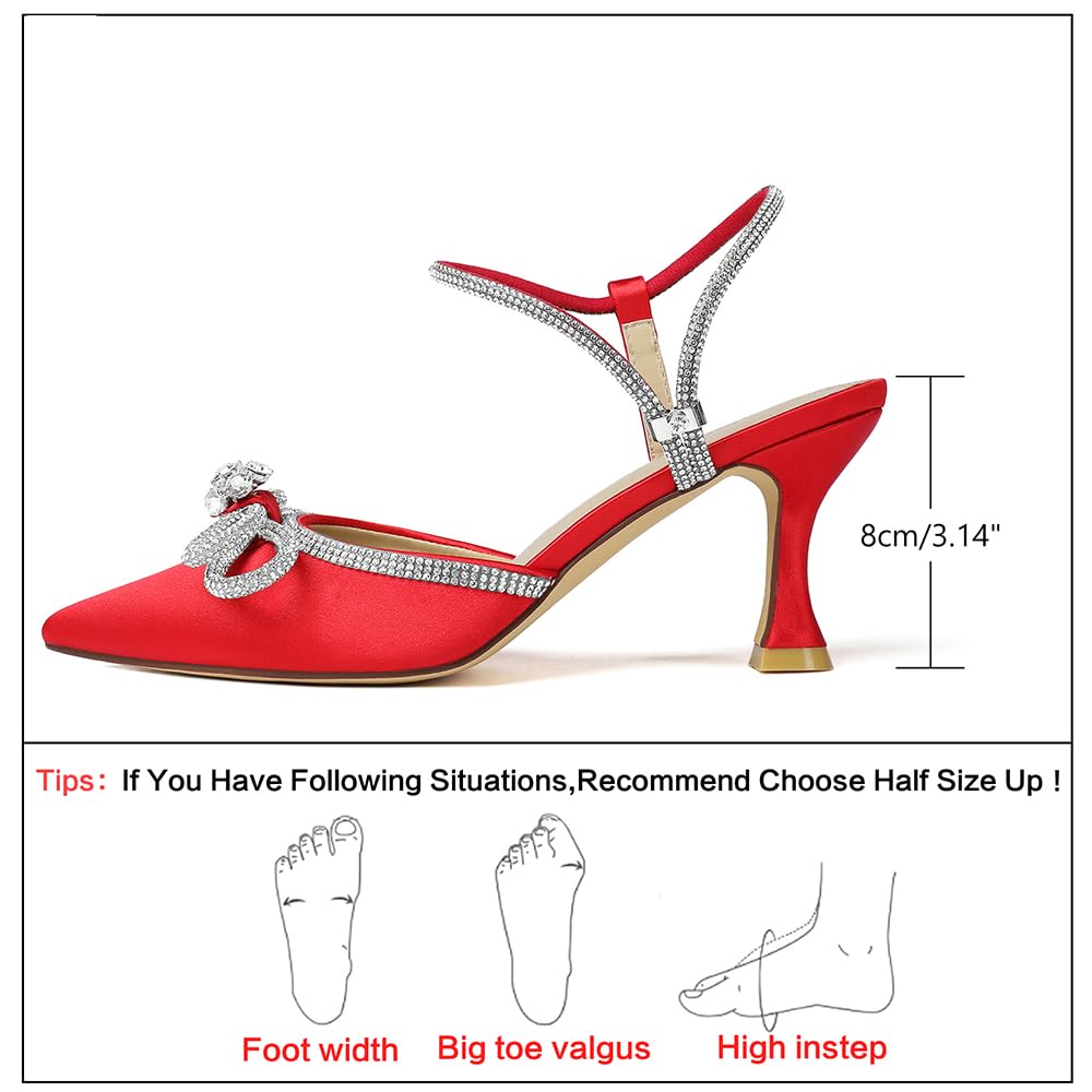 Susanny Women's Closed Toe Rhinstone Wedding Low Heel Slingback Clear Kitten Heels,Adjustable Strap Pointed Toe Bow Pumps High Heeled Prom Dress Shoes