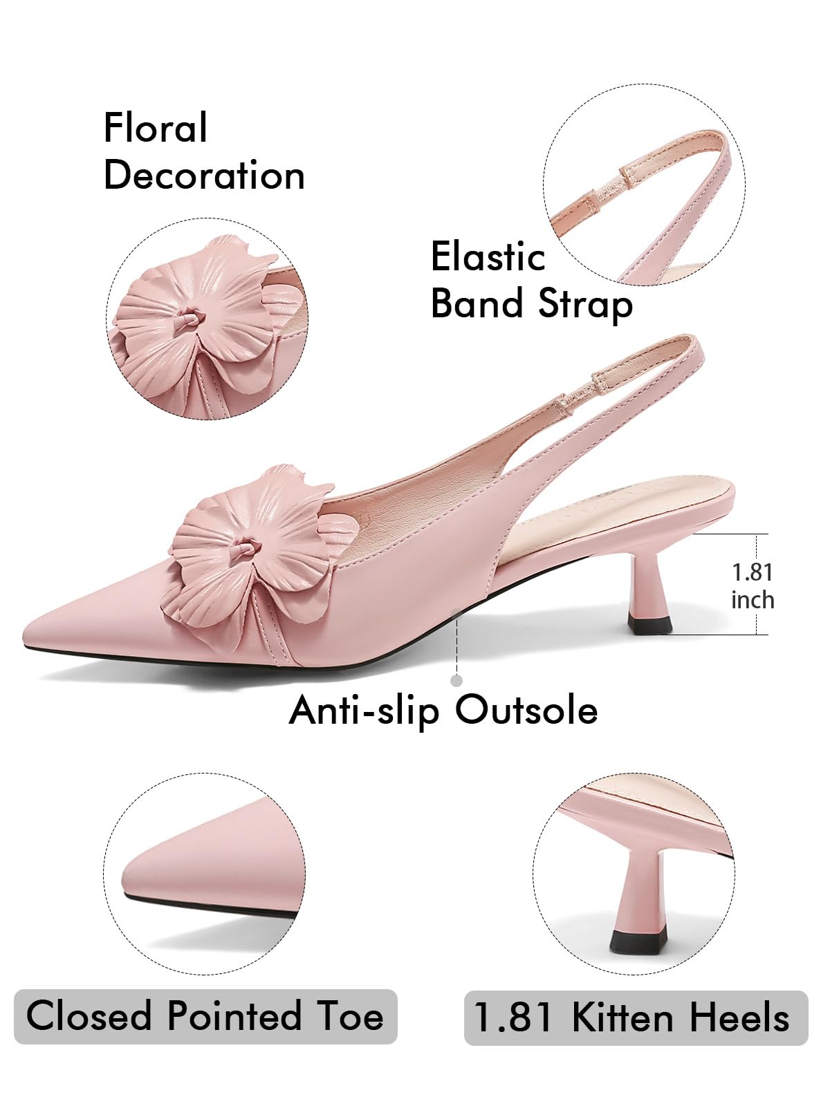 Coutgo Womens Slingback Kitten Heels Flower Closed Pointed Toe Pumps Wedding Party Dress Sandals Shoes