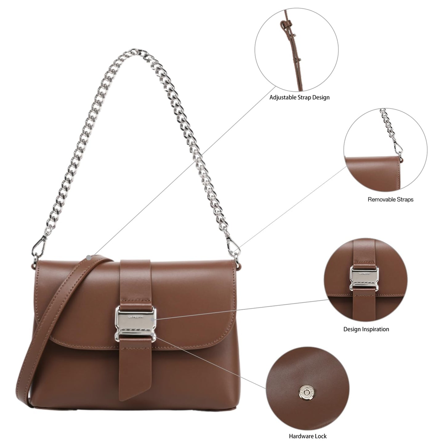 LA FESTIN Small Leather Shoulder Bag for Women with 2 Adjustable Straps Crossbody Purses, Satchel Bags Designer Handbags