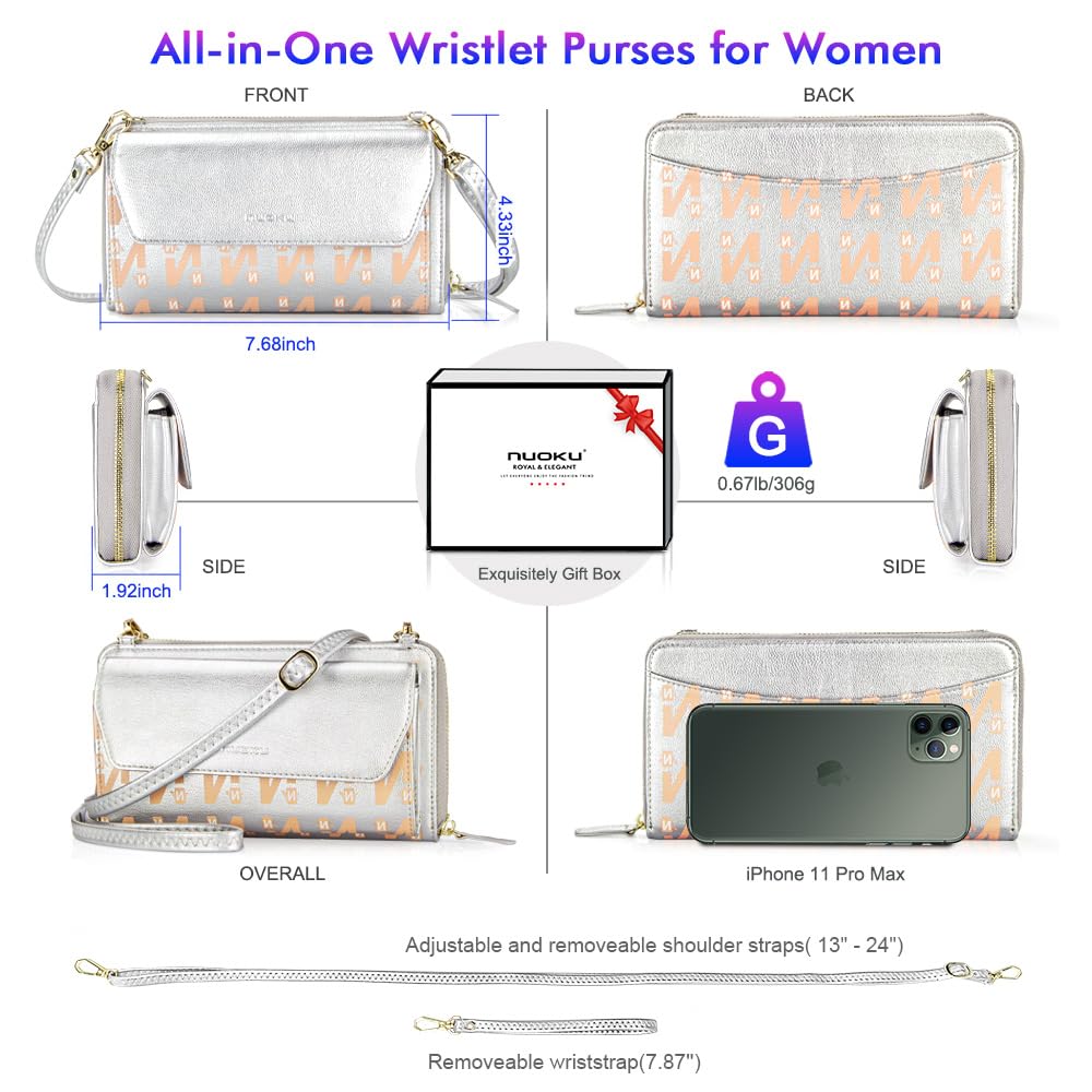 Womens RFID Wallet Purse Wristlet Crossbody Clutch with Zip Around 2 Strap