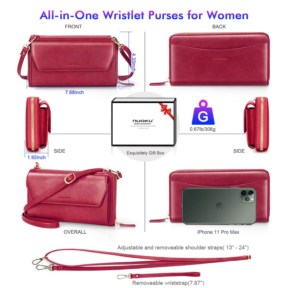 Womens RFID Wallet Purse Wristlet Crossbody Clutch with Zip Around 2 Strap