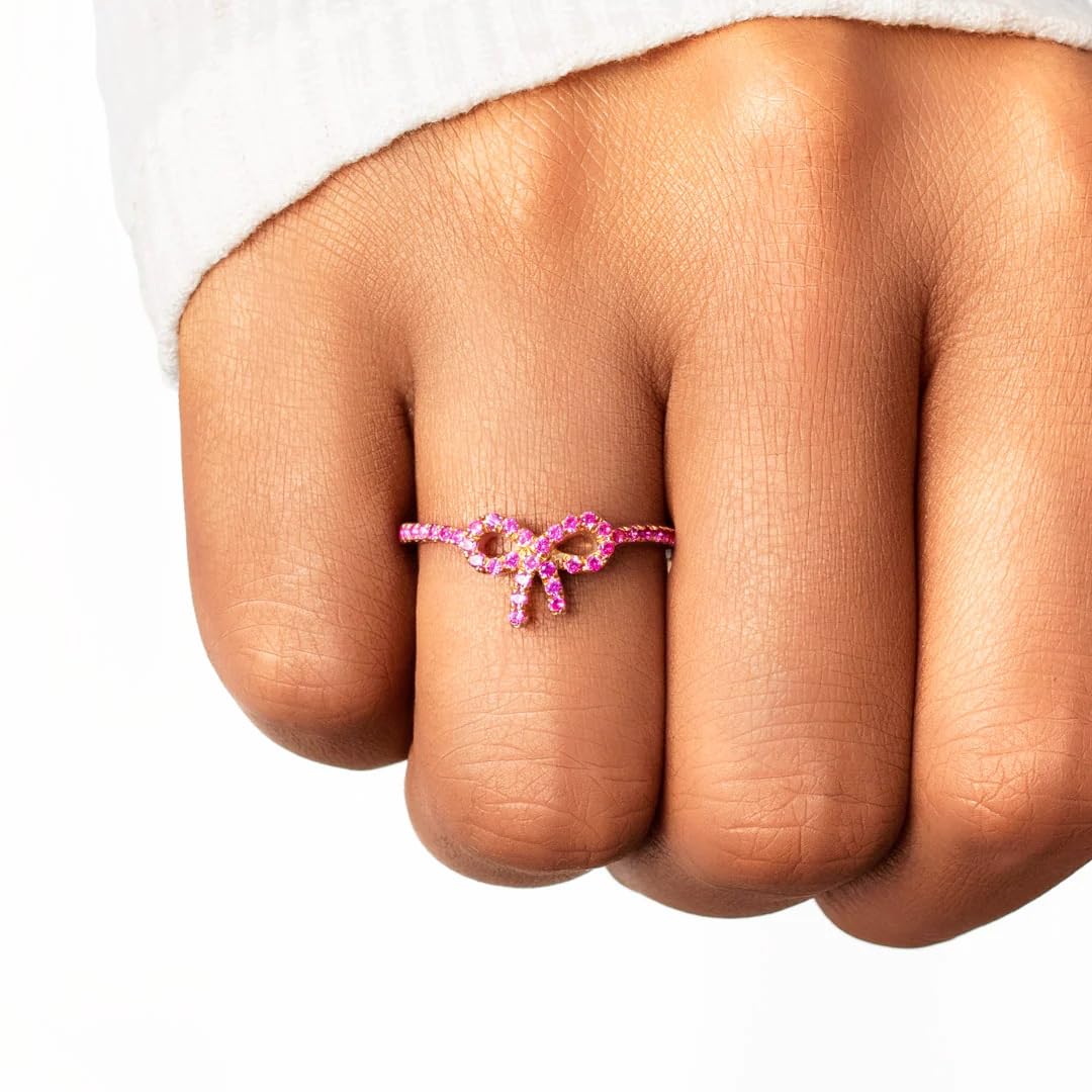 Pink Pavé Bow Ring - Women 925 Silver Rings, Pink Bow Ring Trendy Delicate Ring