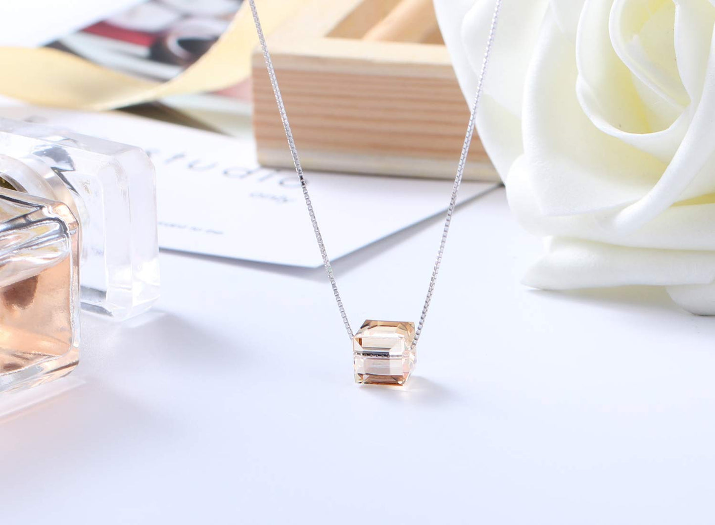 Sterling Silver Necklace Crystals Cube Pendant for Women Unique Jewelry with Exquisited Gift Box Valentines Mothers Day for Her