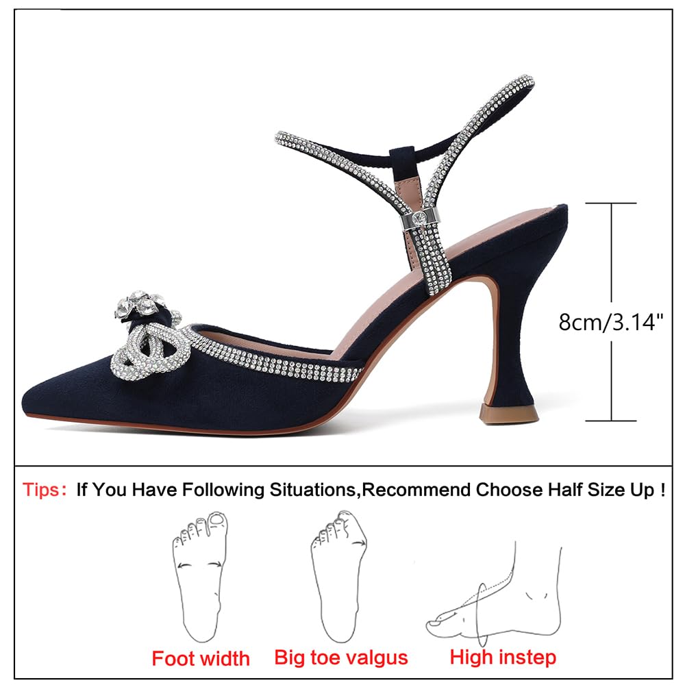 Susanny Women's Closed Toe Rhinstone Wedding Low Heel Slingback Clear Kitten Heels,Adjustable Strap Pointed Toe Bow Pumps High Heeled Prom Dress Shoes