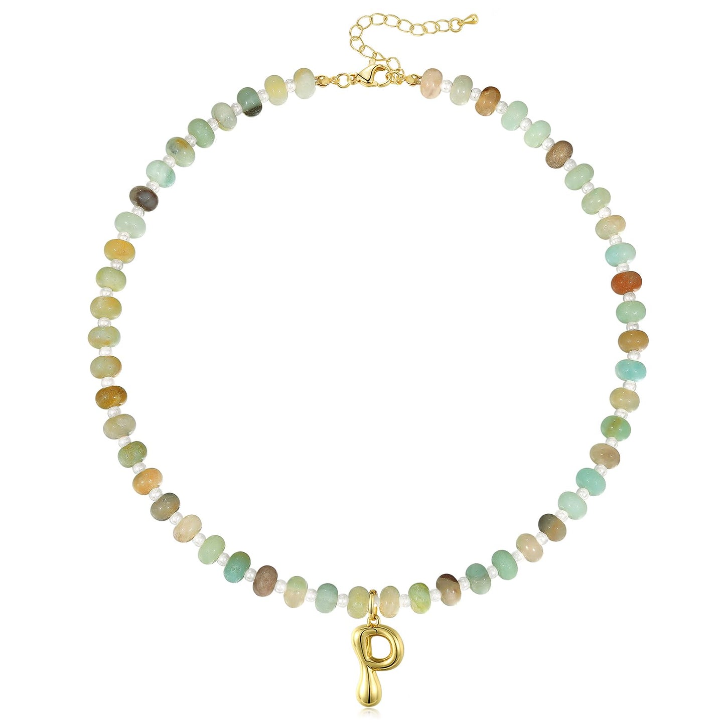 Initial Necklaces for Women, Colorful Beaded Gemstone Choker 14K Gold Bubble Letter Pendant Necklace Natural Stone Summer Beach Handmade Jewelry