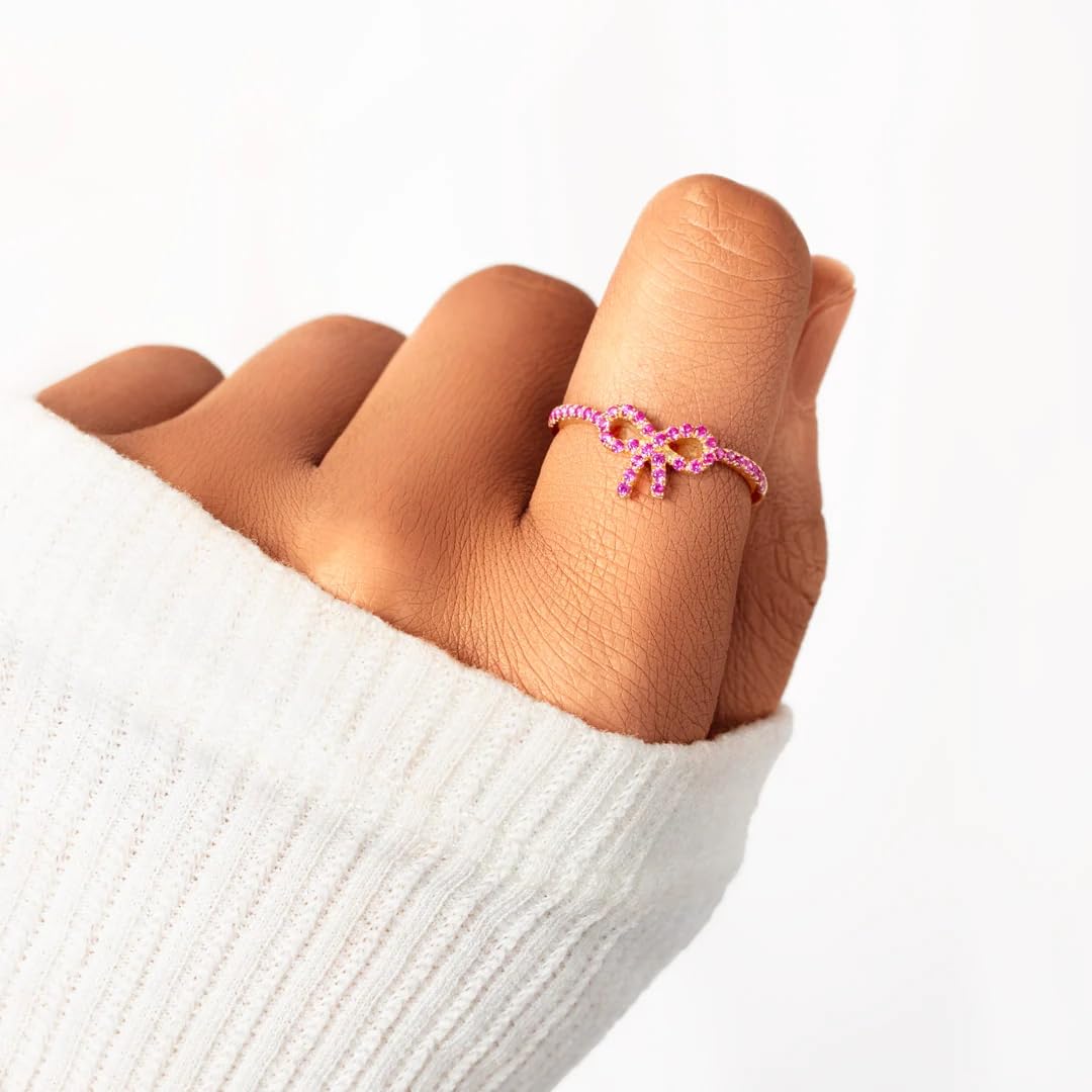 Pink Pavé Bow Ring - Women 925 Silver Rings, Pink Bow Ring Trendy Delicate Ring