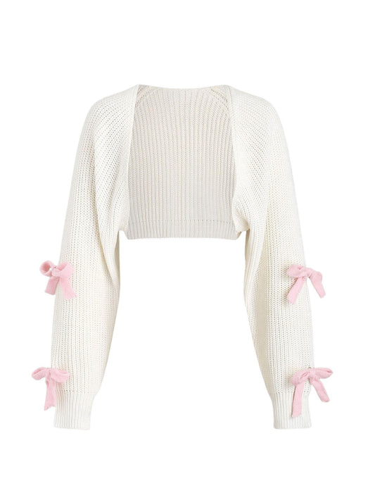 Women's Bow Knot Open Front Long Sleeve Knitted Crop Cute Cardigan Sweater