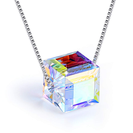 Sterling Silver Necklace Crystals Cube Pendant for Women Unique Jewelry with Exquisited Gift Box Valentines Mothers Day for Her