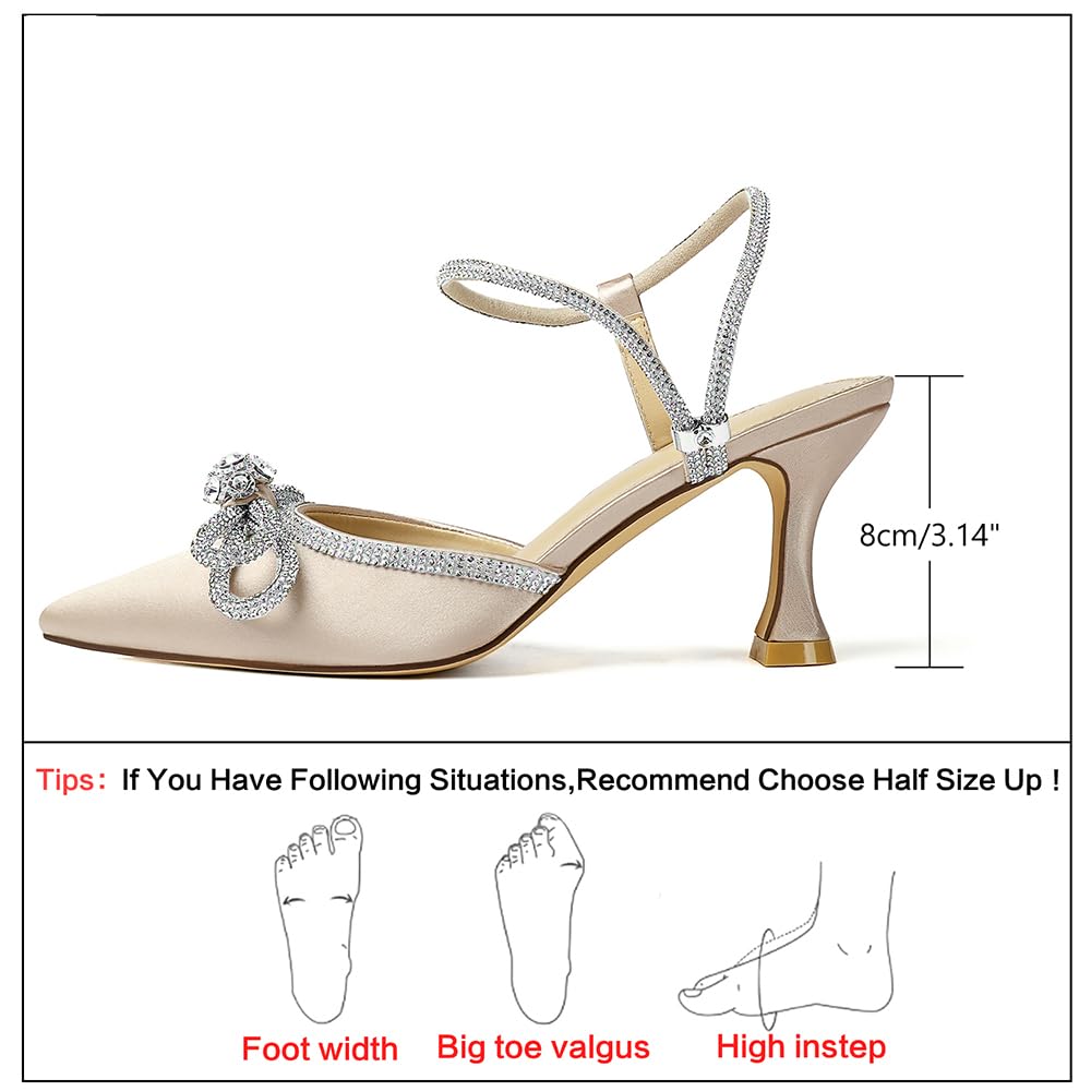 Susanny Women's Closed Toe Rhinstone Wedding Low Heel Slingback Clear Kitten Heels,Adjustable Strap Pointed Toe Bow Pumps High Heeled Prom Dress Shoes