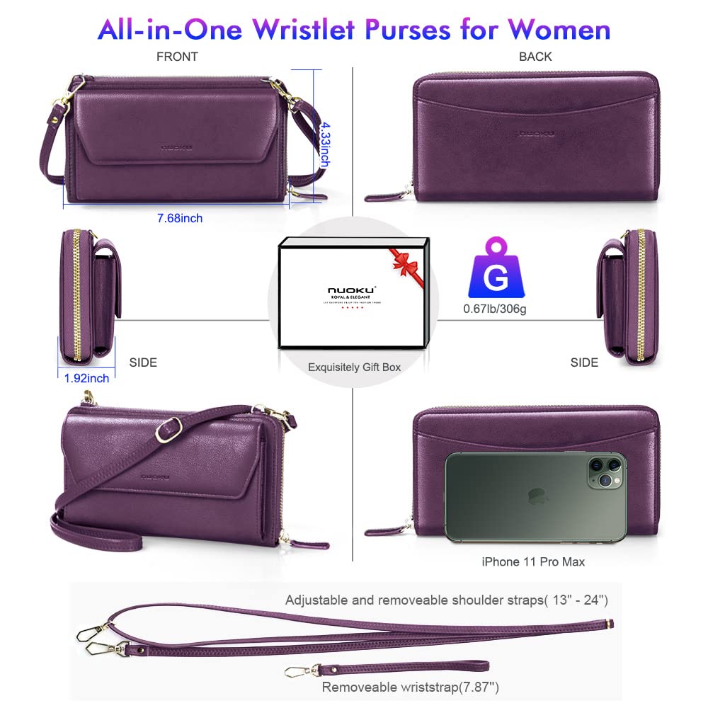 Womens RFID Wallet Purse Wristlet Crossbody Clutch with Zip Around 2 Strap