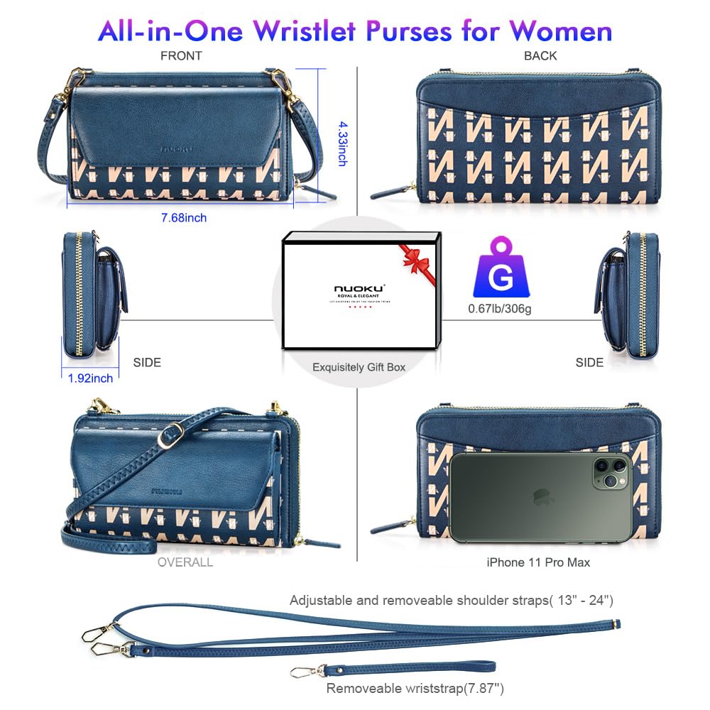 Womens RFID Wallet Purse Wristlet Crossbody Clutch with Zip Around 2 Strap