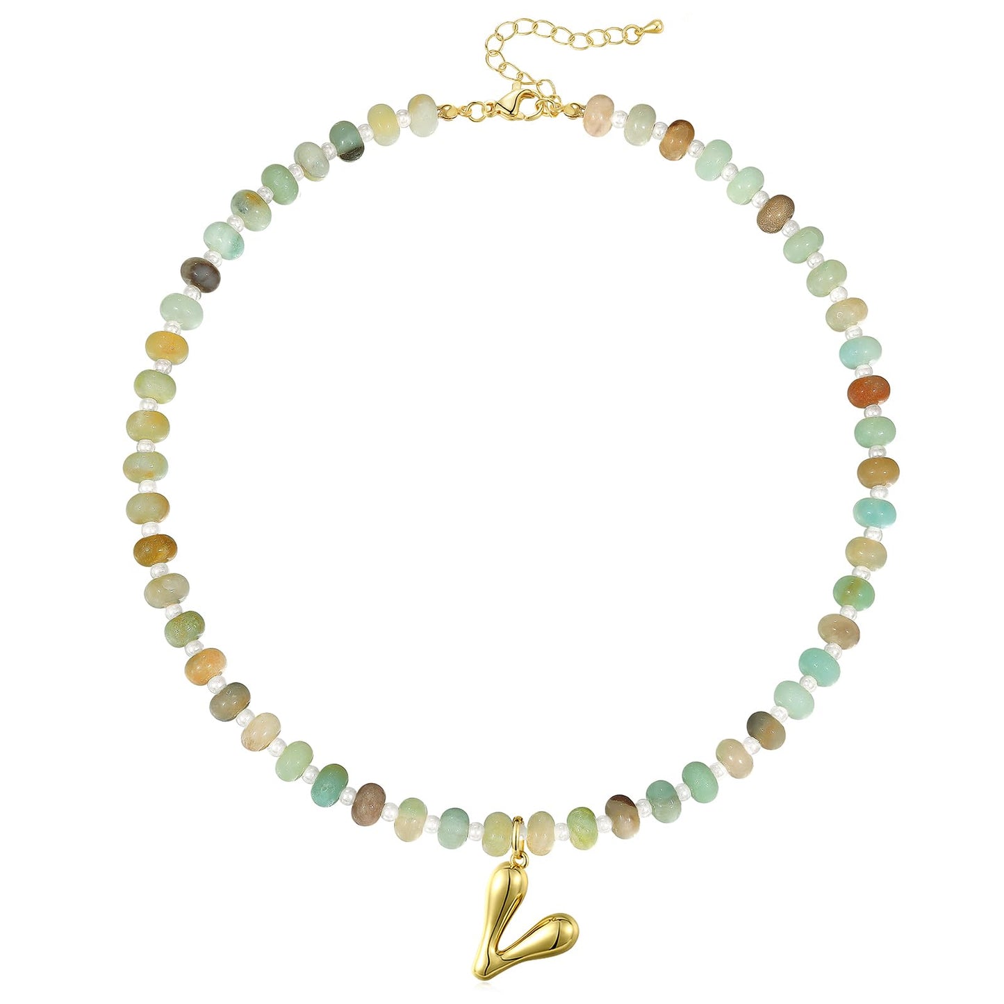 Initial Necklaces for Women, Colorful Beaded Gemstone Choker 14K Gold Bubble Letter Pendant Necklace Natural Stone Summer Beach Handmade Jewelry