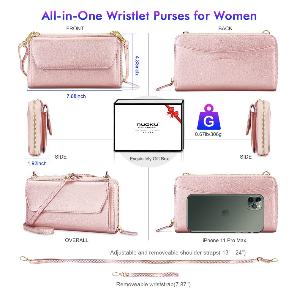 Womens RFID Wallet Purse Wristlet Crossbody Clutch with Zip Around 2 Strap