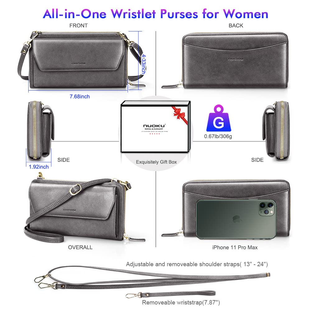 Womens RFID Wallet Purse Wristlet Crossbody Clutch with Zip Around 2 Strap