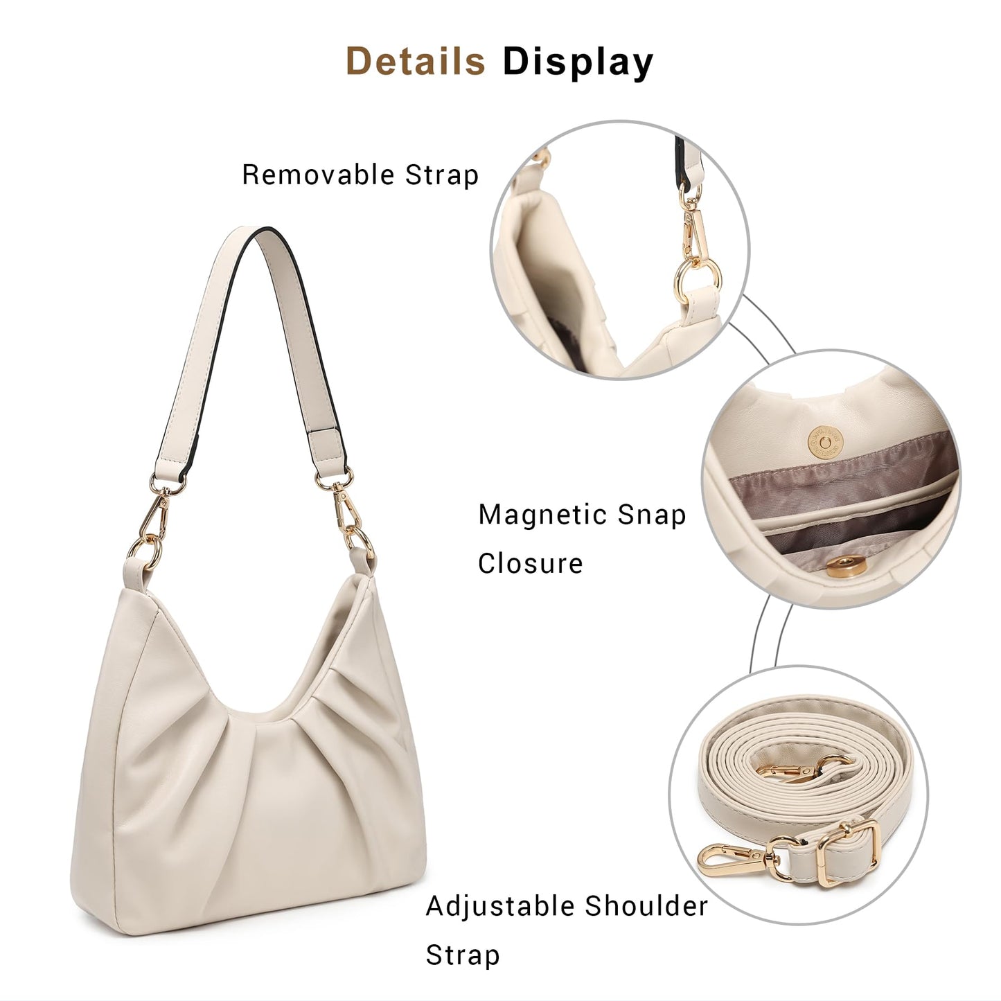 Dasein Ruched Hobo Handbag for Women Retro Shoulder Purse Crossbody Bag with 2 Removable Straps