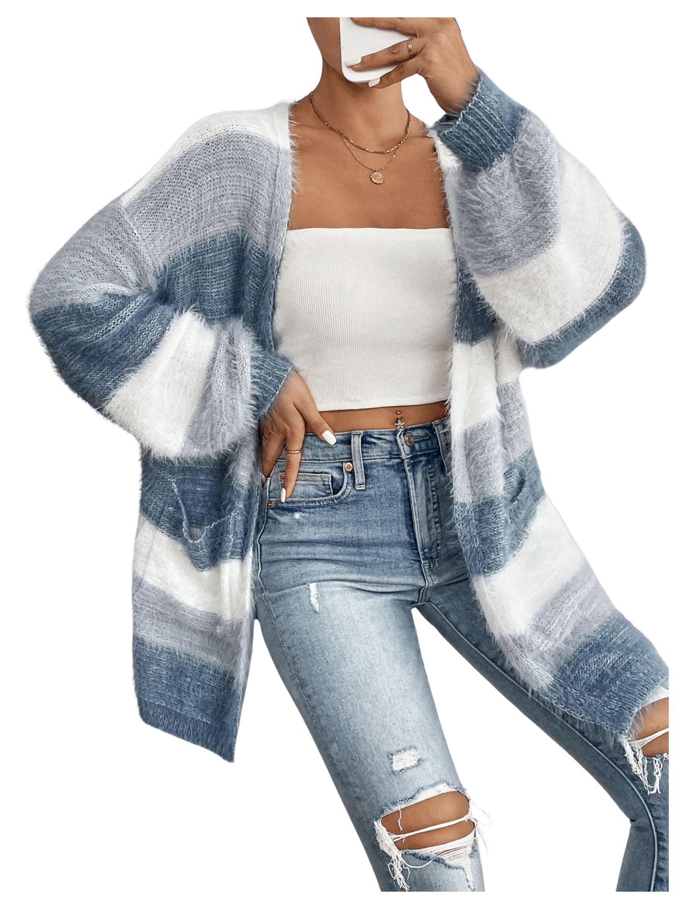 Women's Striped Color Block Open Front Fuzzy Cardigan Sweater Coat with Pockets