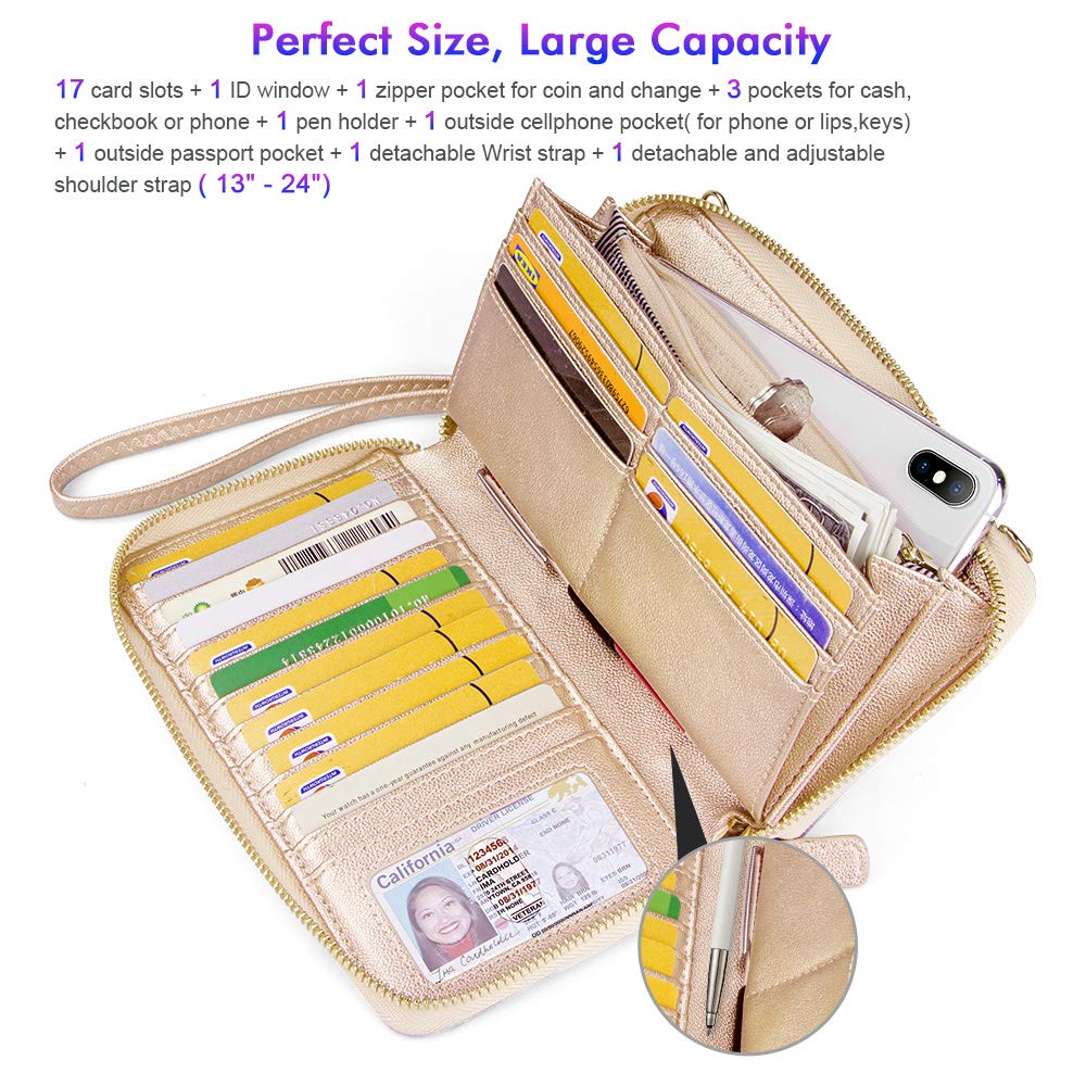 Womens RFID Wallet Purse Wristlet Crossbody Clutch with Zip Around 2 Strap