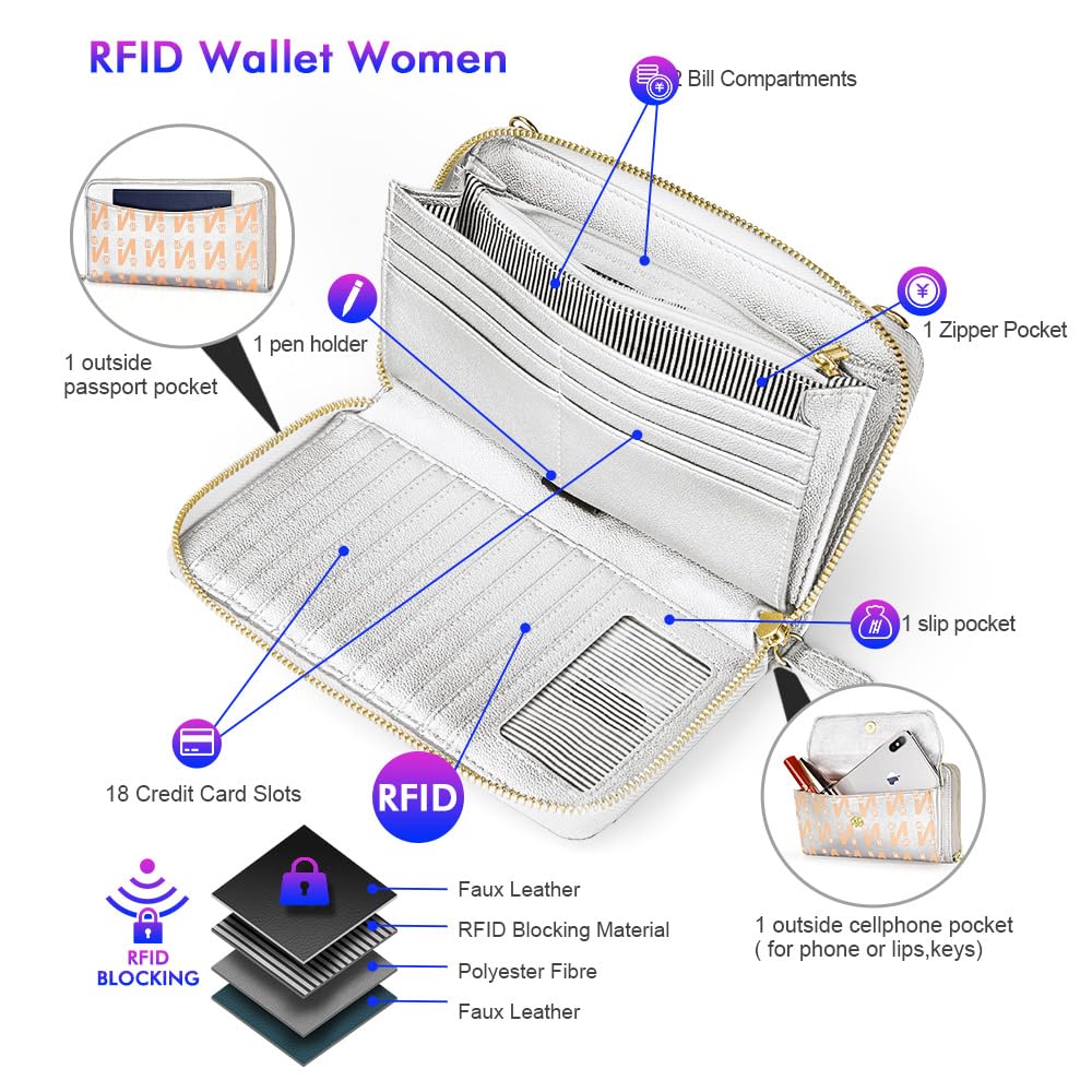 Womens RFID Wallet Purse Wristlet Crossbody Clutch with Zip Around 2 Strap