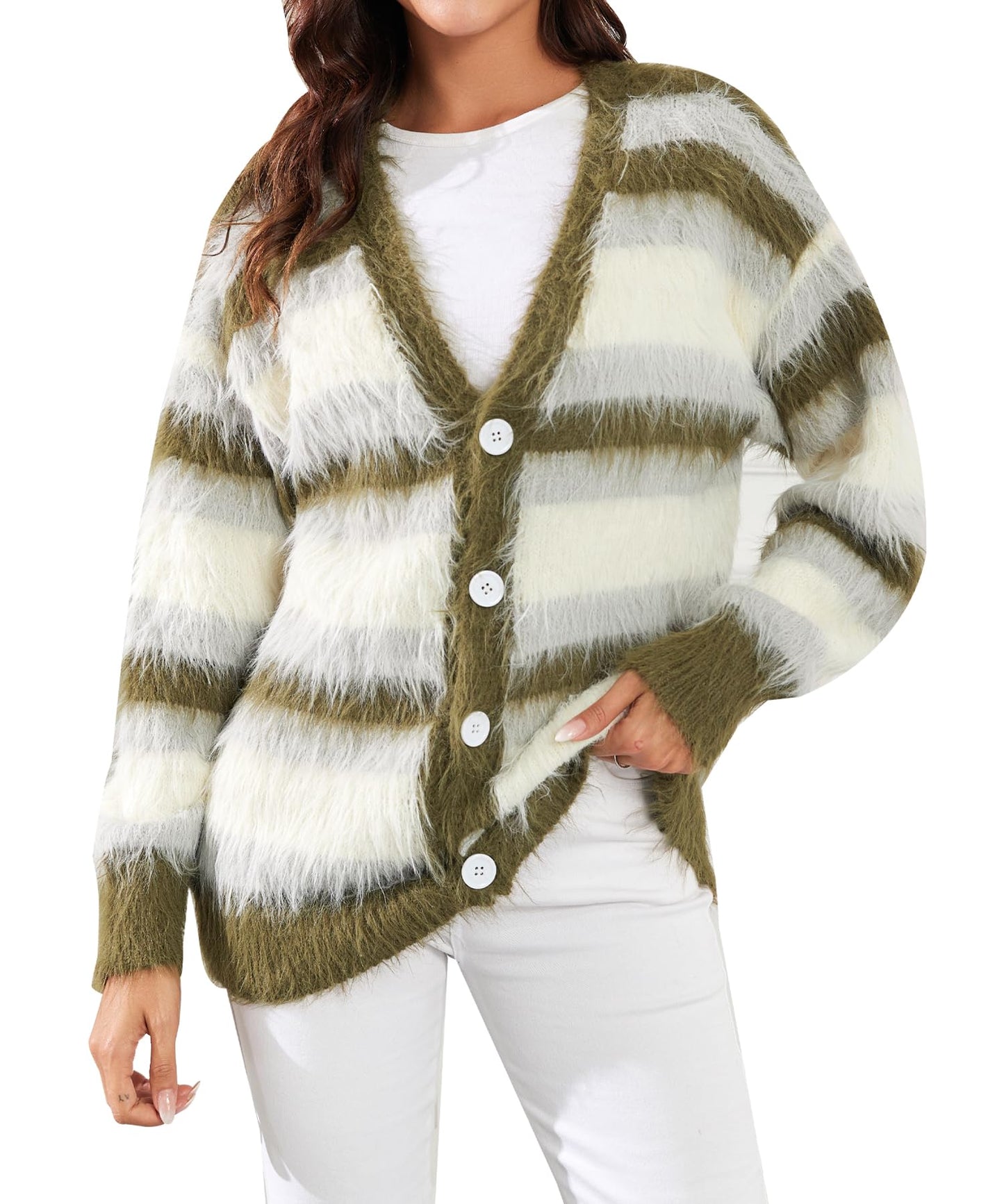 Women's Y2K Color-Block Striped V Neck Button Down Open Front Cardigan Sweater