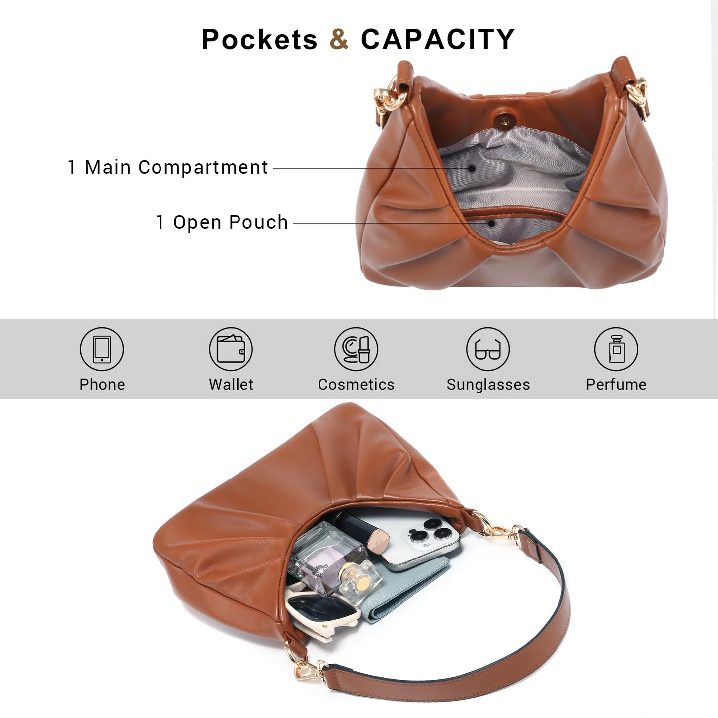 Dasein Ruched Hobo Handbag for Women Retro Shoulder Purse Crossbody Bag with 2 Removable Straps