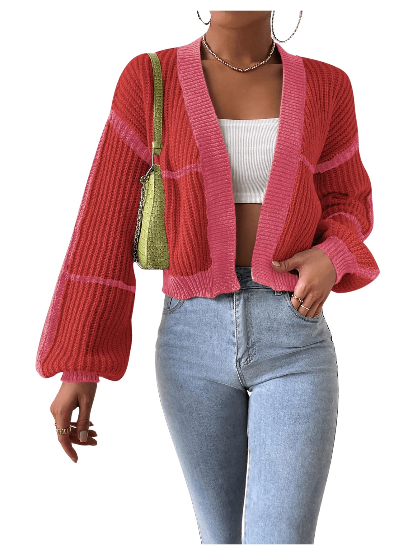 Women's Color Block Crop Cardigan Top Bishop Long Sleeve Open Front Sweater