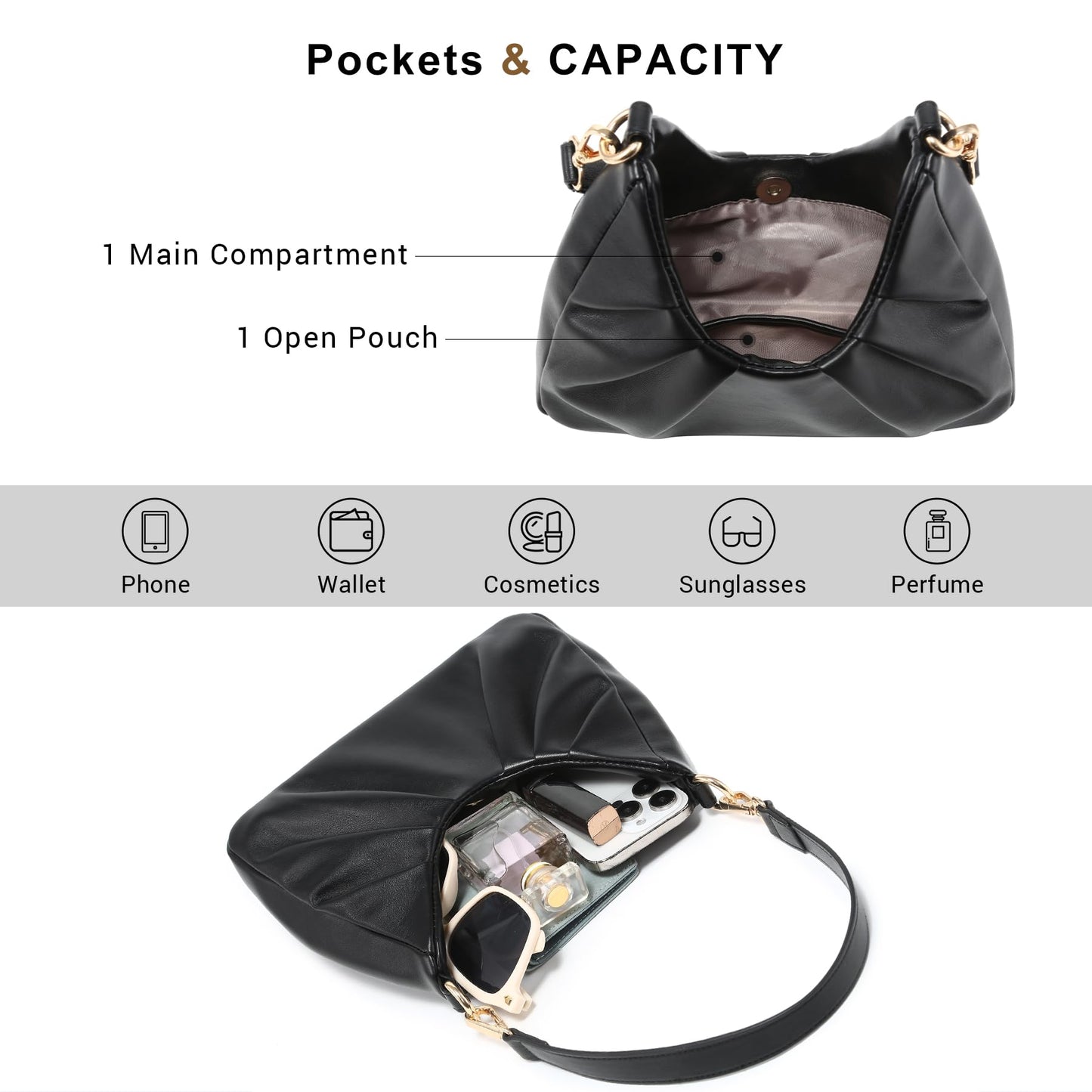 Dasein Ruched Hobo Handbag for Women Retro Shoulder Purse Crossbody Bag with 2 Removable Straps