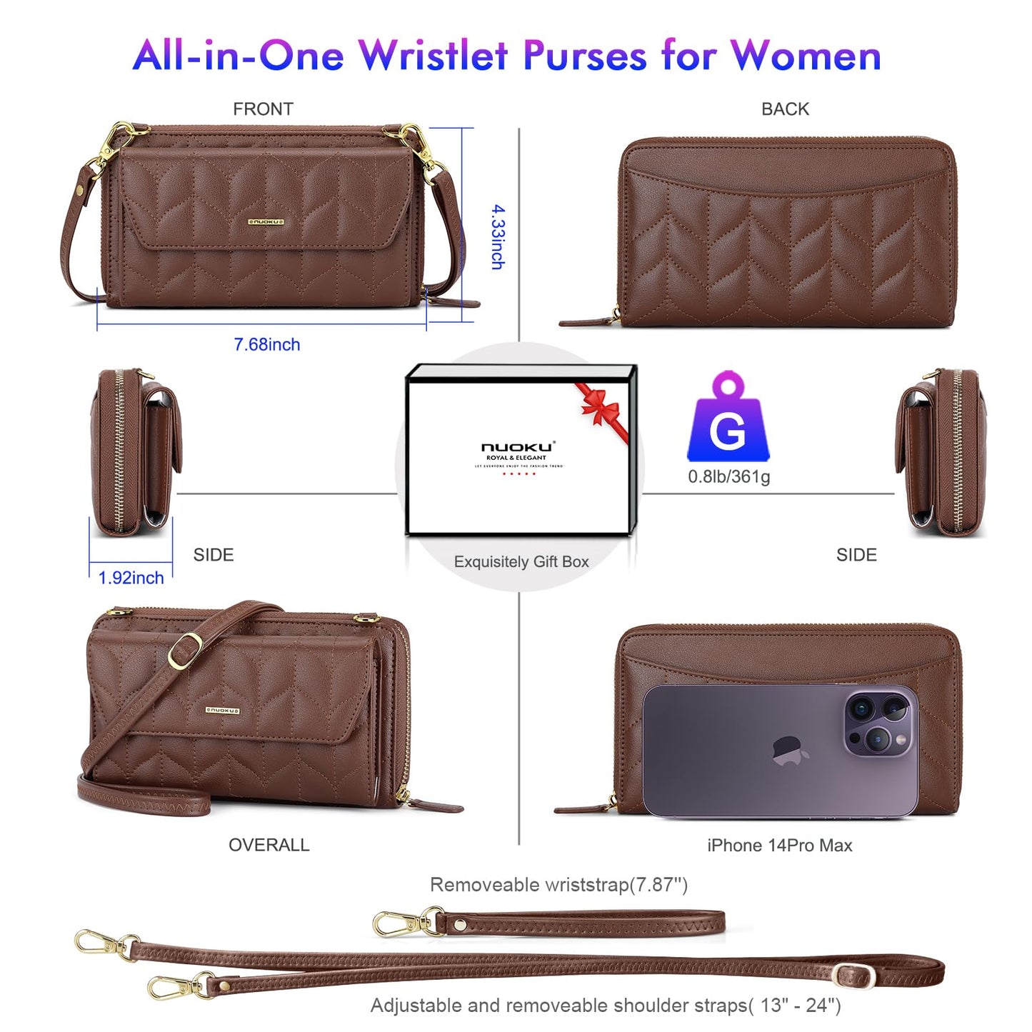 Womens RFID Wallet Purse Wristlet Crossbody Clutch with Zip Around 2 Strap