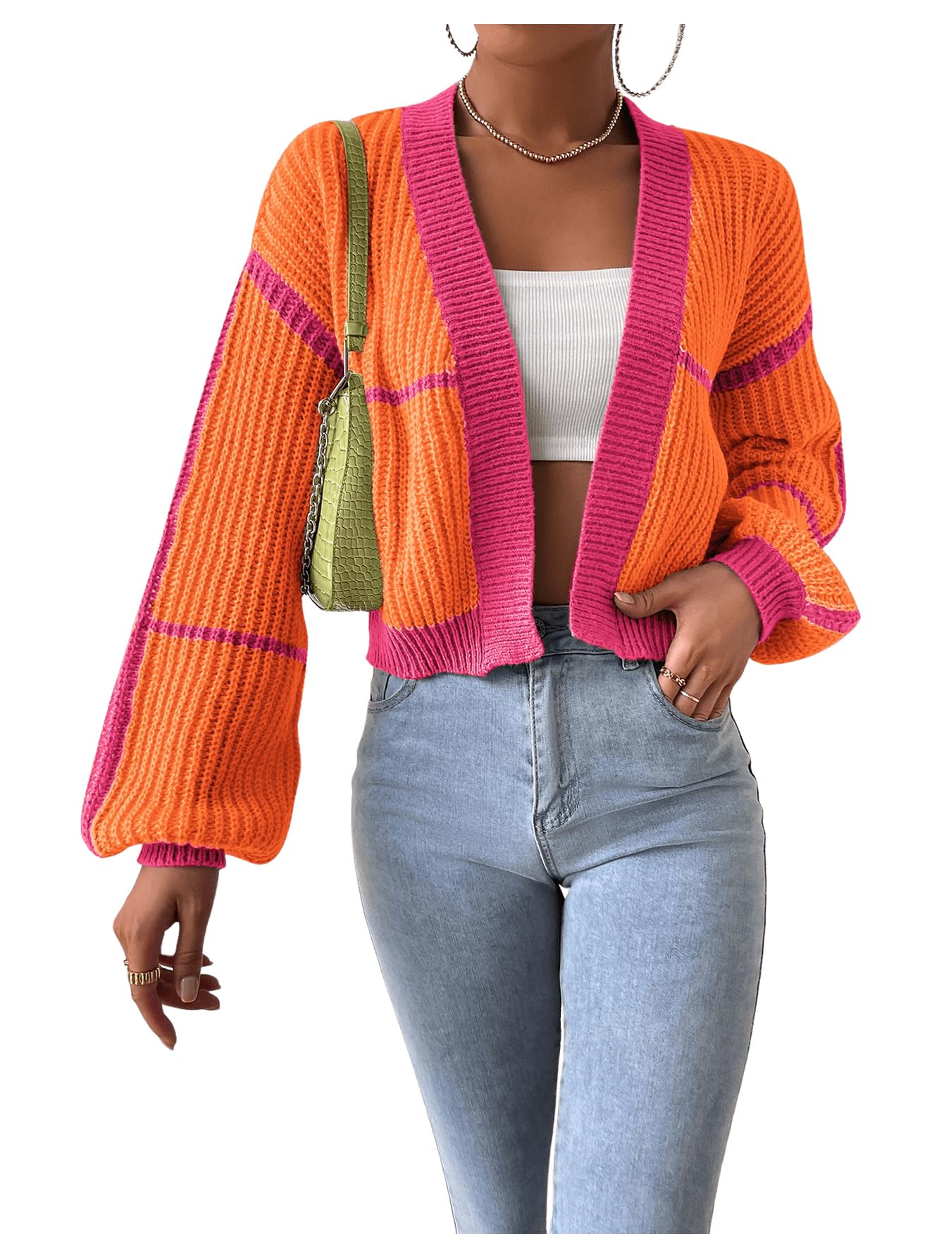 Women's Color Block Crop Cardigan Top Bishop Long Sleeve Open Front Sweater