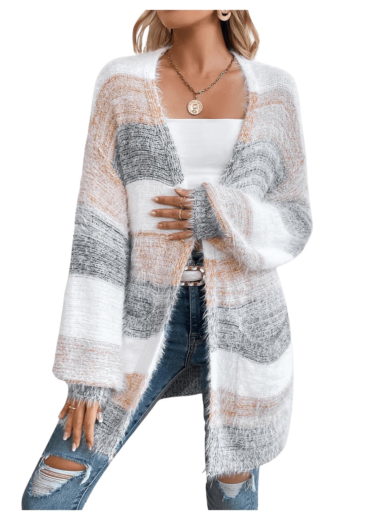 Women's Striped Color Block Open Front Fuzzy Cardigan Sweater Coat with Pockets