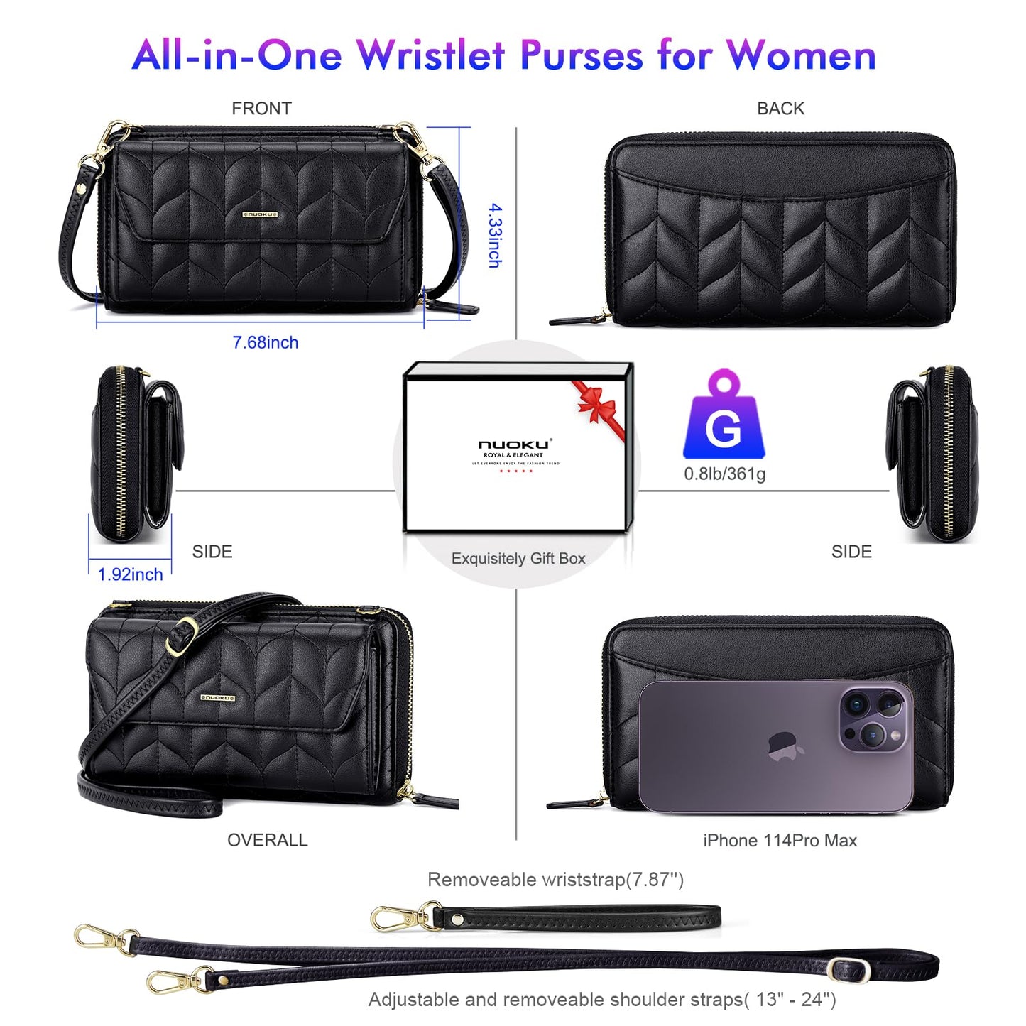 Womens RFID Wallet Purse Wristlet Crossbody Clutch with Zip Around 2 Strap