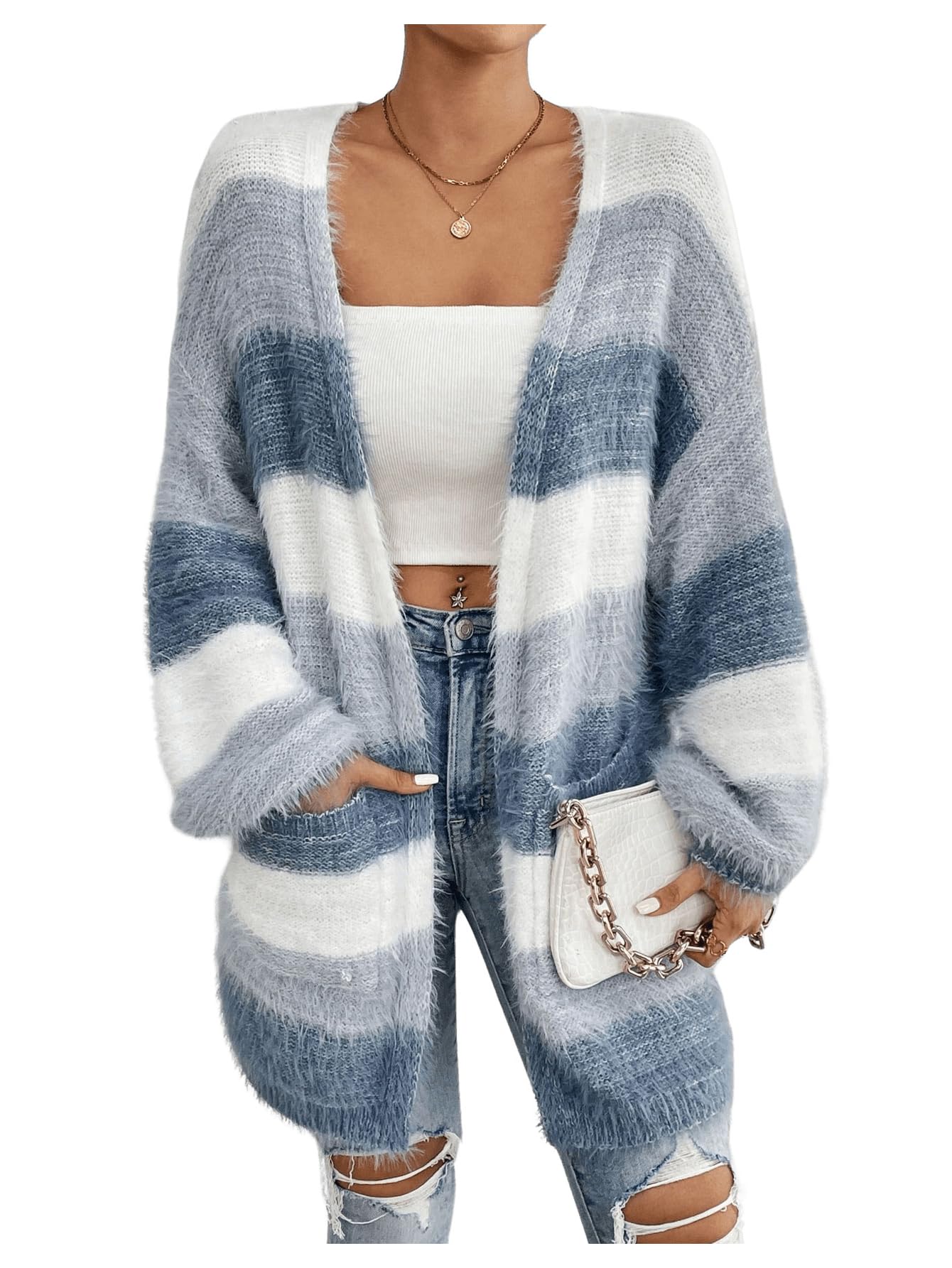 Women's Striped Color Block Open Front Fuzzy Cardigan Sweater Coat with Pockets