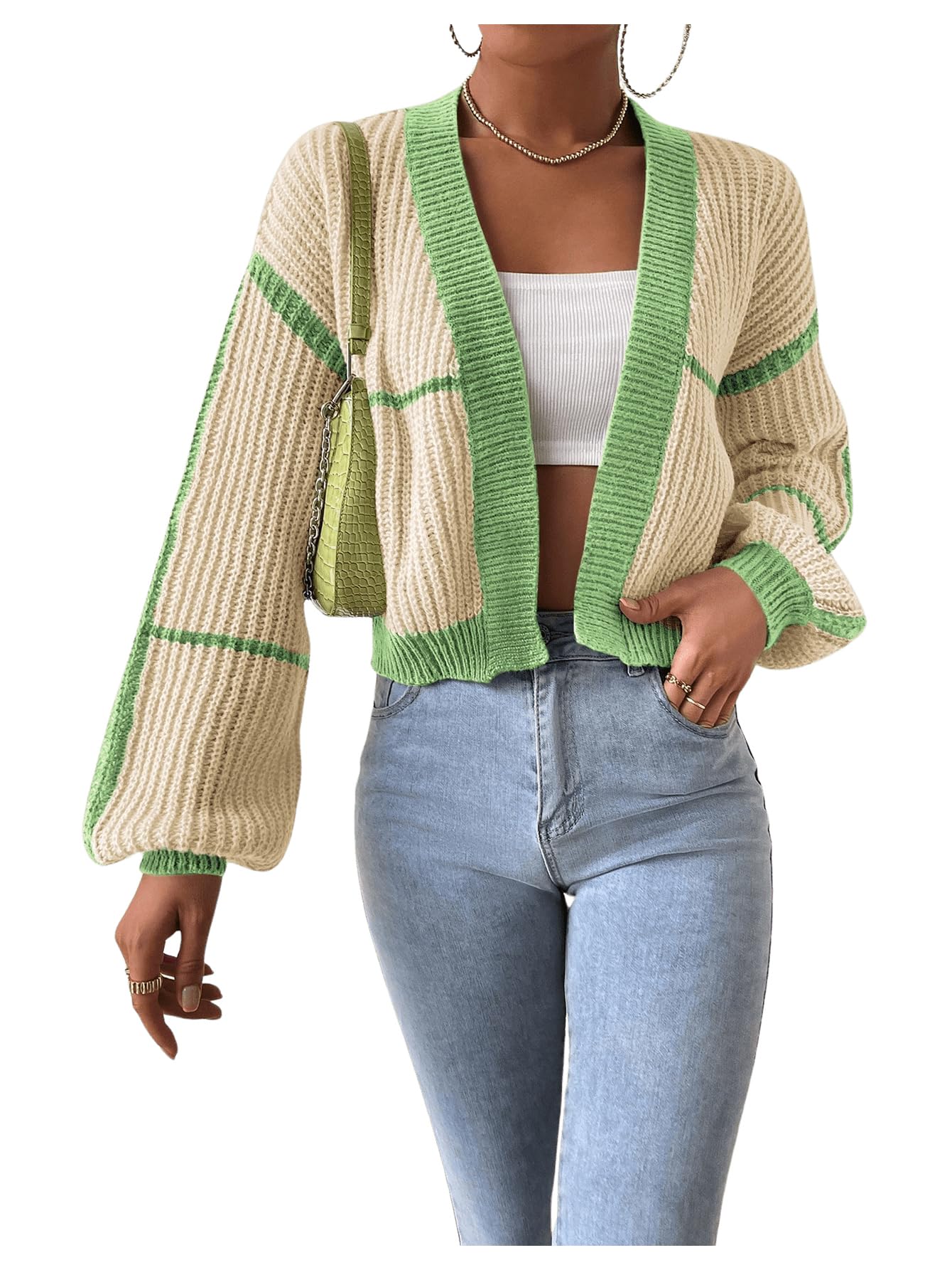 Women's Color Block Crop Cardigan Top Bishop Long Sleeve Open Front Sweater