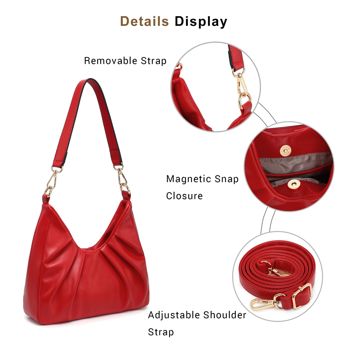 Dasein Ruched Hobo Handbag for Women Retro Shoulder Purse Crossbody Bag with 2 Removable Straps